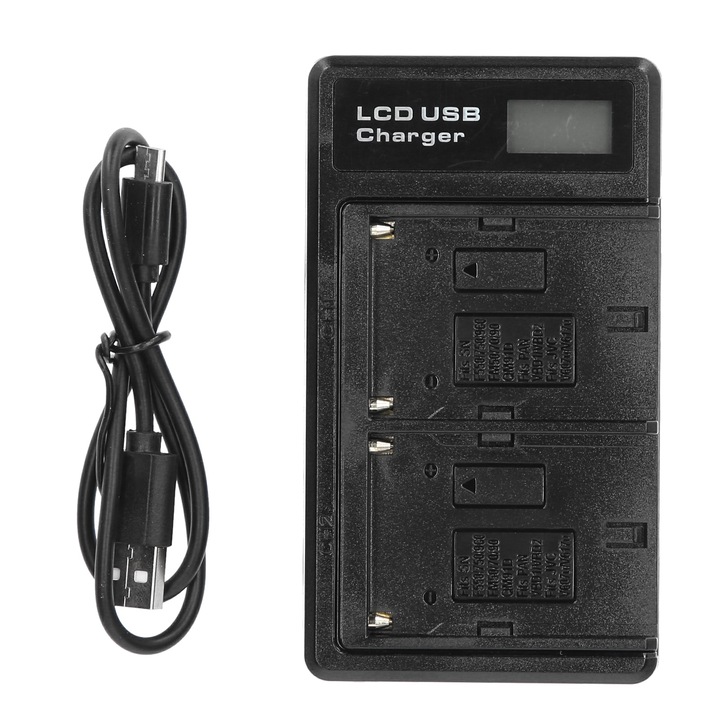 Kettős lítium akkumulátortöltő, Enforose, LCD kijelző, USB, fekete