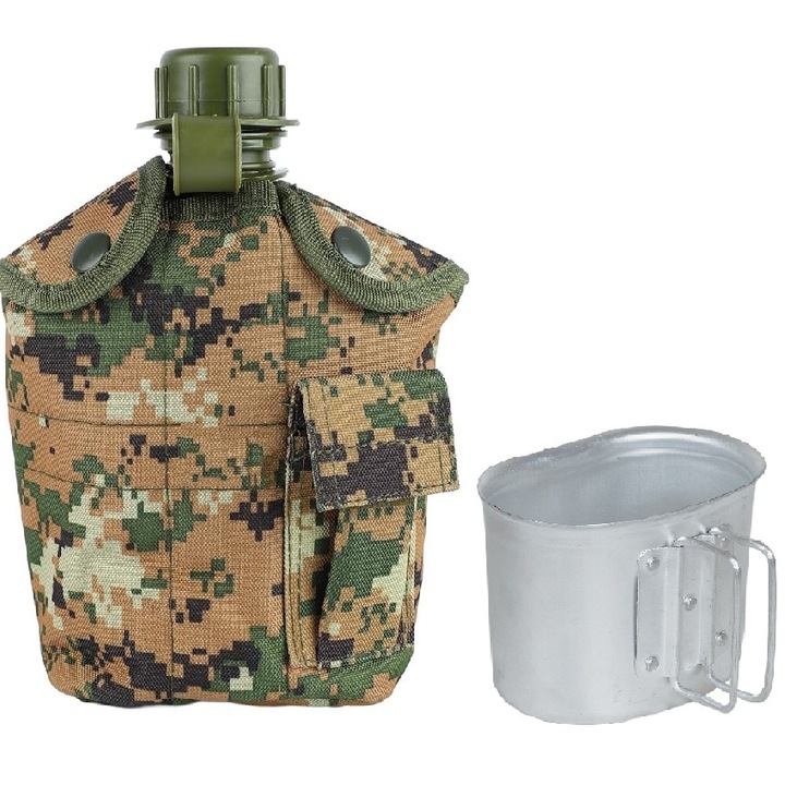 Контейнер за вода, Zola®, капак и чаша в комплекта, 1 л, военен модел, пластмаса и алуминий, армейско кафяв