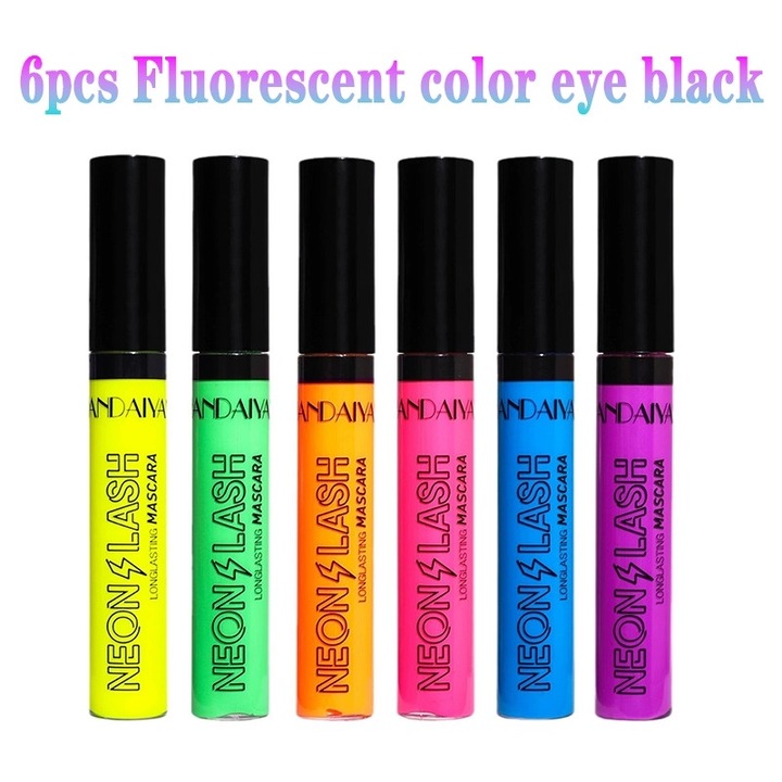 6 culori mascara fluorescenta colorata pentru gene lungi, dese, indoite, rezistenta la apa si care nu se intinde, ideala pentru sarbatori si petreceri, fiecare cu 9 ml