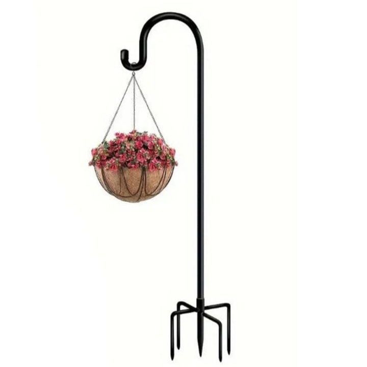 Kerti állvány kampóval, Zola, ideális virágcserepekhez, lámpásokhoz és dekorációkhoz, 120 cm, fekete