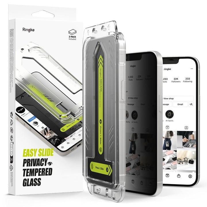 2 üvegfólia készlet Ringke Easy Slide rögzítőrendszerrel, amely kompatibilis az iPhone 13 / 13 Pro / 14 / 16e készülékkel. Adatvédelem
