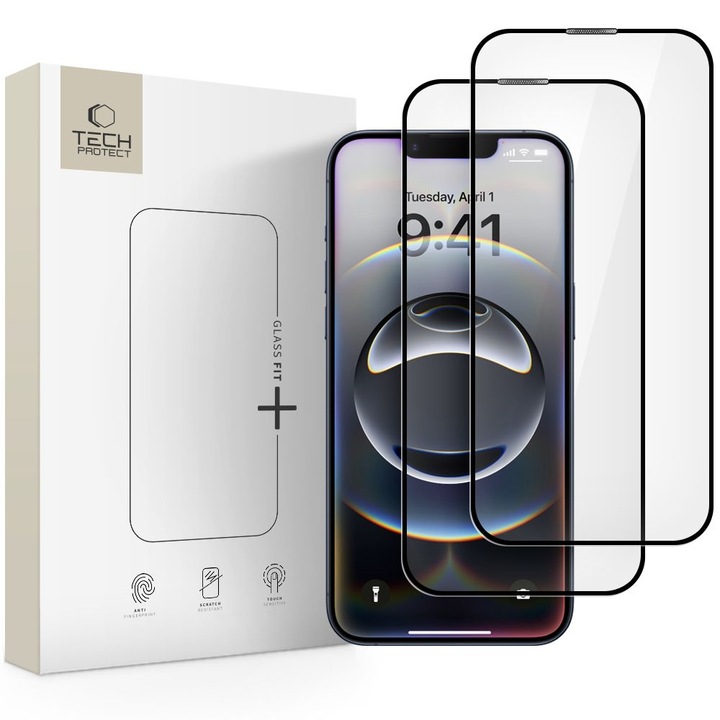 2 db TECH-PROTECT Glass Fit védőfólia készlet, amely kompatibilis az iPhone 13 / 13 Pro / 14 / 16e Black készülékkel