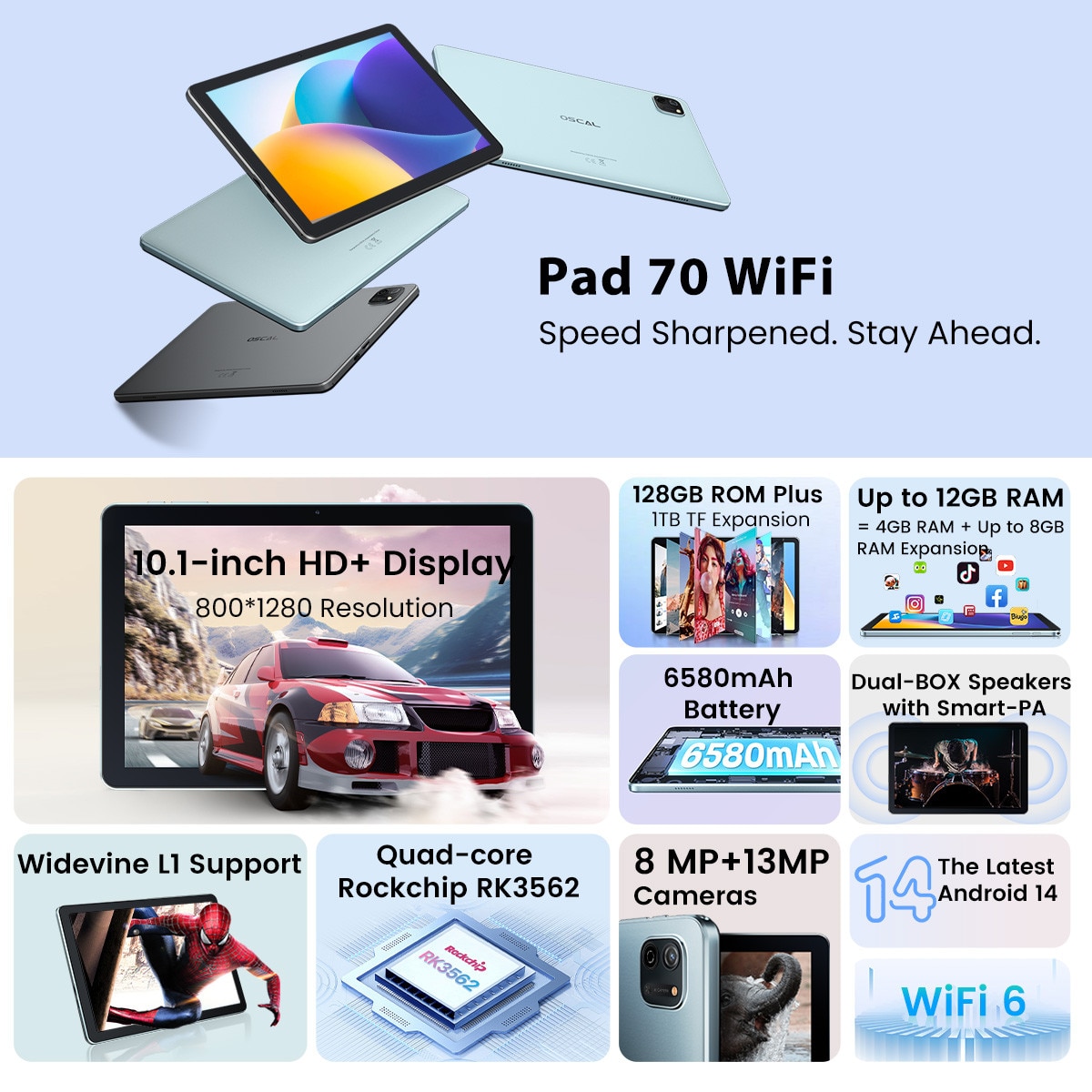 Tableta Oscal Pad 70 WiFi, 10.1 inch, Android 14, 12GB Ram(4GB + 8GB extensibili), 800×1280, WiFi6, Cortex-A53 cu patru nuclee, 128GB ROM, Expandabil 1TB, 6580mAh, Albastru