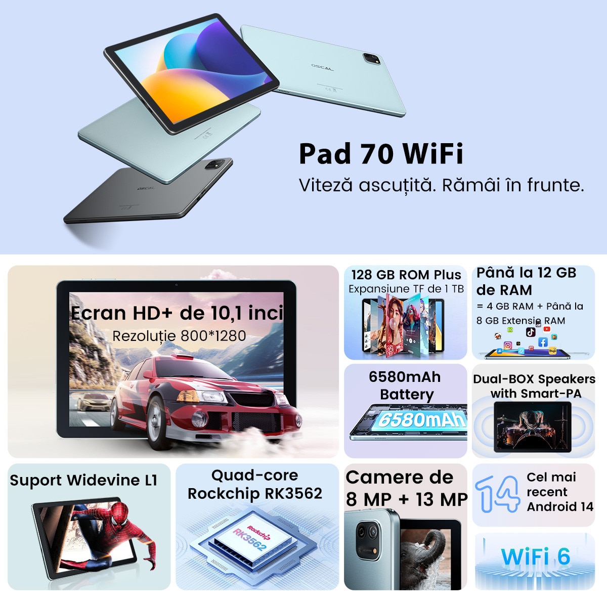 Tableta Oscal Pad 70 WiFi, 10.1 inch, Android 14, 12GB Ram(4GB + 8GB extensibili), 800×1280, WiFi6, Cortex-A53 cu patru nuclee, 128GB ROM, Expandabil 1TB, 6580mAh, Gri