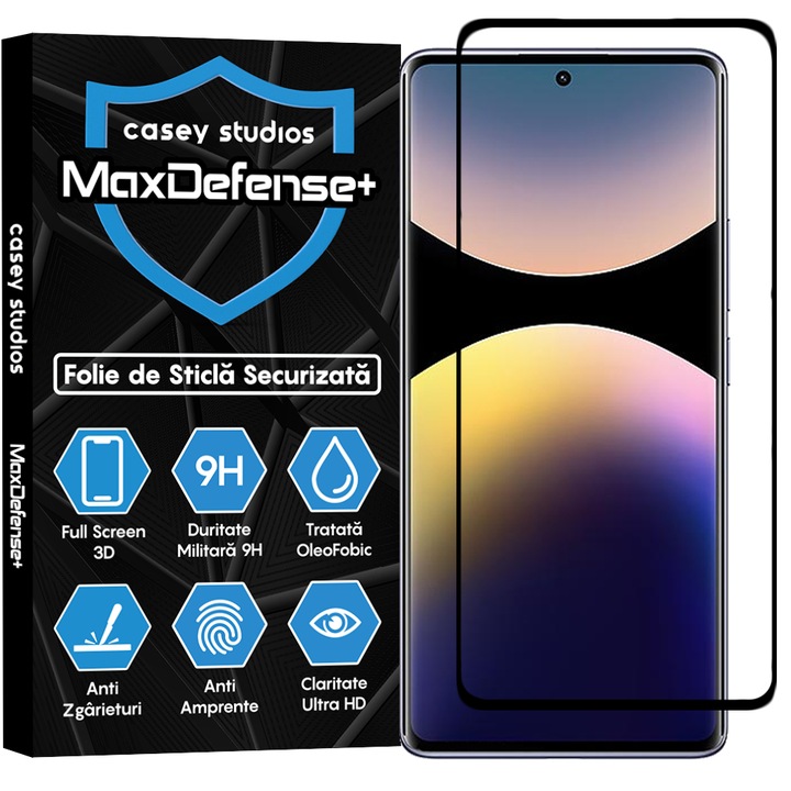Folie Sticla CASEY STUDIOS pentru Xiaomi Redmi Note 14 Pro 4G, Full Glue, Sticla Securizata, Duritate Militara, Ultra HD, Protectie Profesionala Ecran 3D, Anti Zgarieturi, Anti Socuri