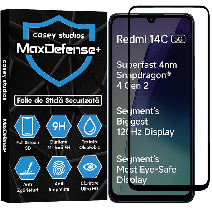 CASEY STUDIOS Стъклено фолио за Xiaomi Redmi 14C 5G, Пълно лепило, Закалено стъкло, Военна твърдост, Ultra HD, Професионална 3D защита на екрана, Защита от надраскване, Удароустойчивост