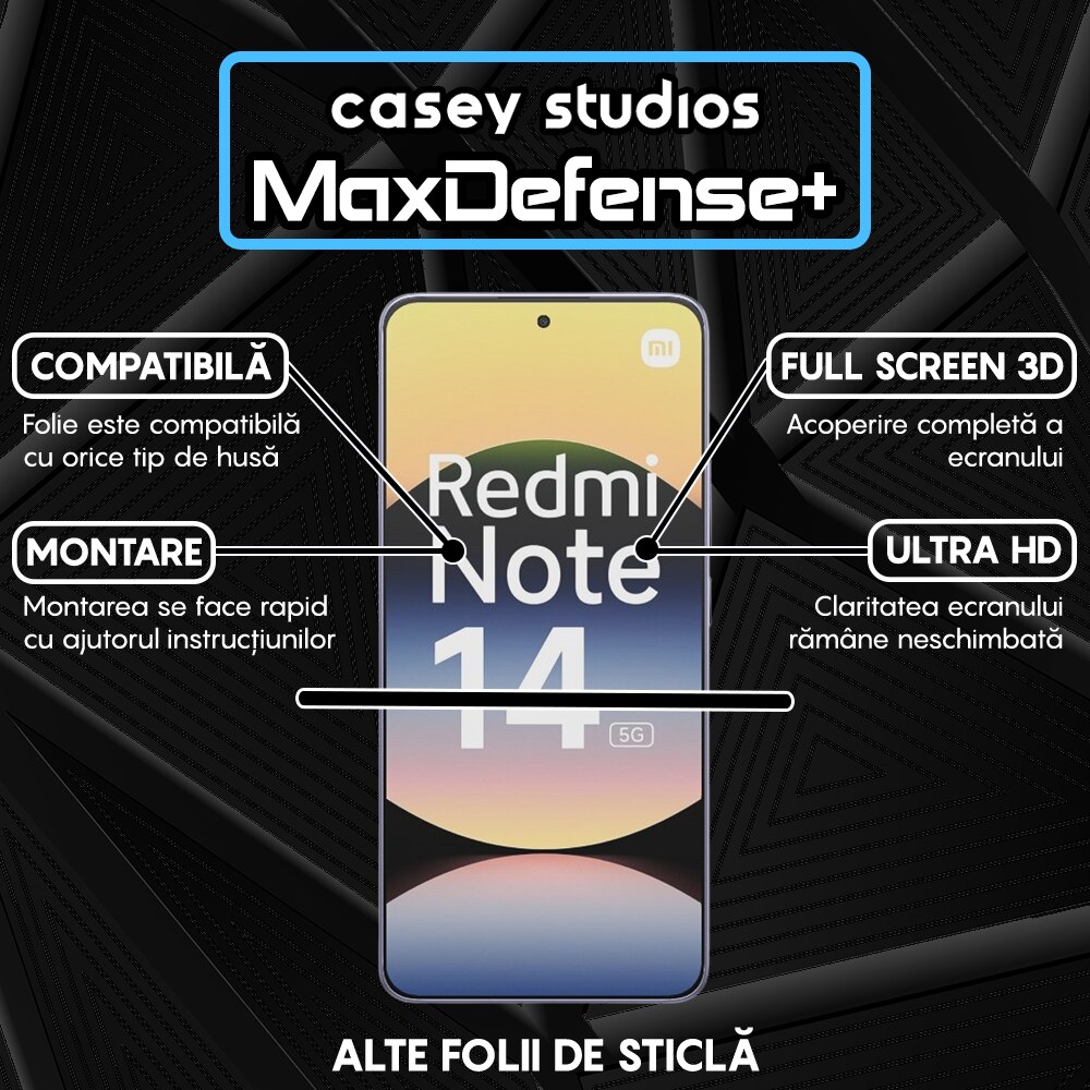 Folie Sticla CASEY STUDIOS compatibila cu Xiaomi Redmi Note 14 5G, Full Glue, Sticla Securizata, Duritate Militara, Ultra HD, Protectie Profesionala Ecran 3D, Anti Zgarieturi, Anti Socuri