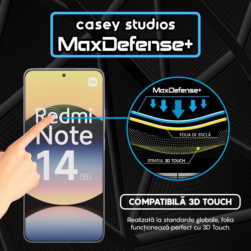 Folie Sticla CASEY STUDIOS compatibila cu Xiaomi Redmi Note 14 5G, Full Glue, Sticla Securizata, Duritate Militara, Ultra HD, Protectie Profesionala Ecran 3D, Anti Zgarieturi, Anti Socuri