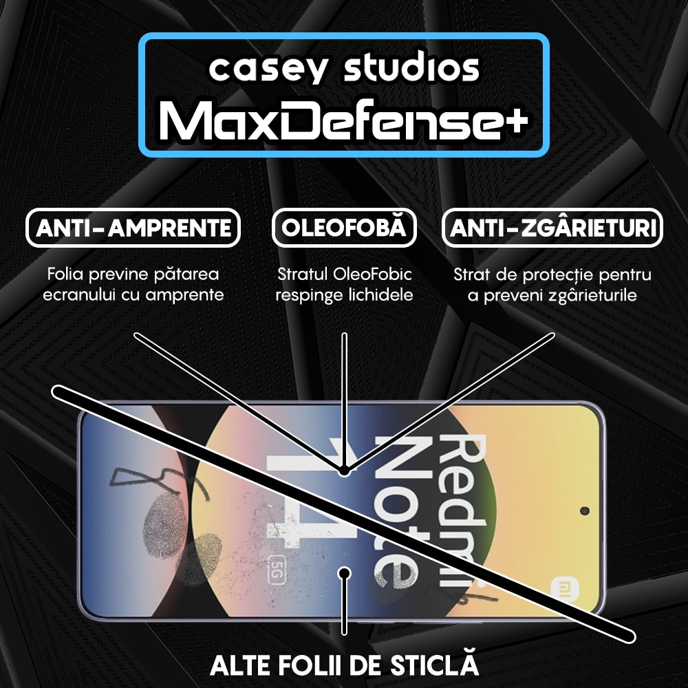 Folie Sticla CASEY STUDIOS compatibila cu Xiaomi Redmi Note 14 5G, Full Glue, Sticla Securizata, Duritate Militara, Ultra HD, Protectie Profesionala Ecran 3D, Anti Zgarieturi, Anti Socuri