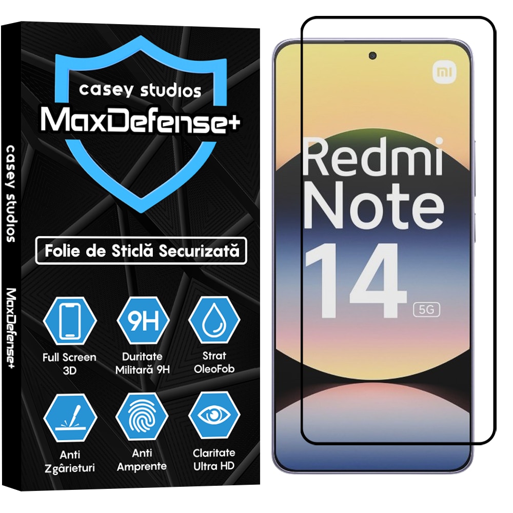 Folie Sticla CASEY STUDIOS compatibila cu Xiaomi Redmi Note 14 5G, Full Glue, Sticla Securizata, Duritate Militara, Ultra HD, Protectie Profesionala Ecran 3D, Anti Zgarieturi, Anti Socuri