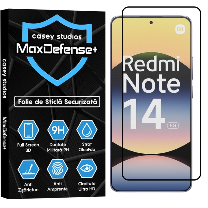 Folie Sticla CASEY STUDIOS compatibila cu Xiaomi Redmi Note 14 5G, Full Glue, Sticla Securizata, Duritate Militara, Ultra HD, Protectie Profesionala Ecran 3D, Anti Zgarieturi, Anti Socuri