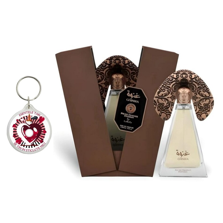 Set Apa de Parfum Ghinwa, Niche Emarati Perfumes by Lattafa, Unisex 100ml Parfum arabesc si breloc esentele tari se tin in sticlute mici