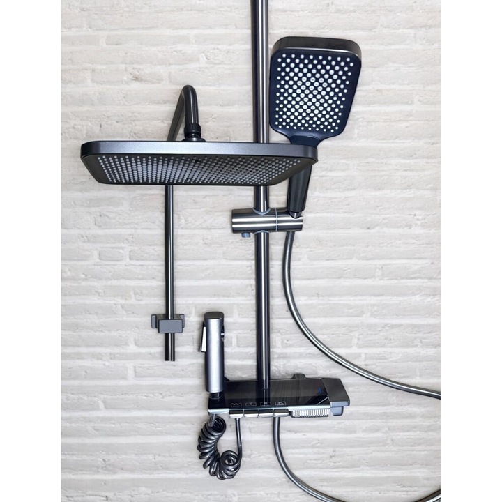 Coloana de dus premium completa, panou de comanda din metal gri - negru, 1.45 kg, 25 cm, iluminare LED si afisare temperatura apa, nu necesita conectarea la o sursa de energie, tevi metal, AVI-4872