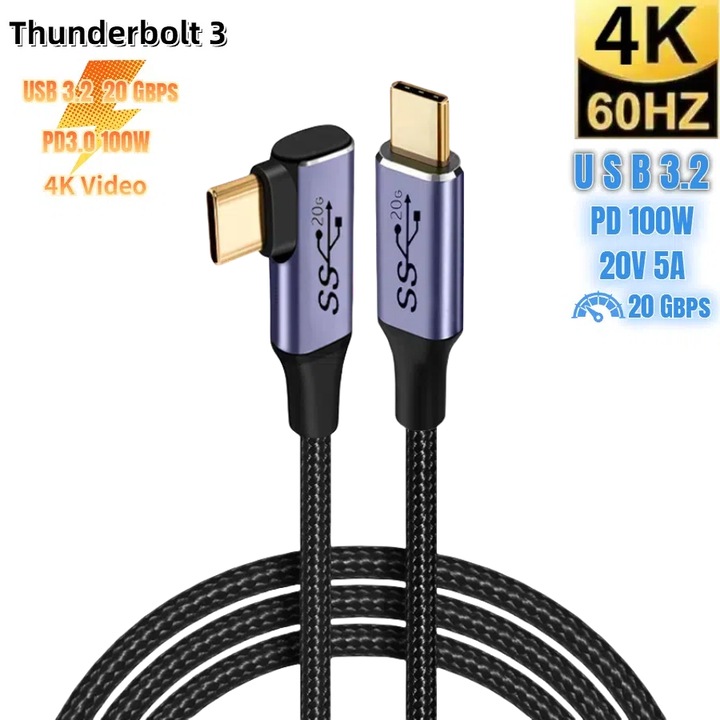 Кабел Sugxia USB-C към USB-C PD3.0 кабел 100W, USB 3.2 Gen2 20Gbps, 4K видео, 1 м, с найлонова оплетка, ултрабърз трансфер, бързо зареждане, съвместим с MacBook, iPad Pro, iPhone, Samsung, Xiaomi, Huawei, Oppo