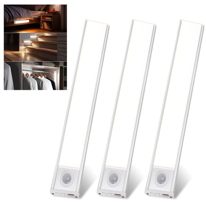 Set 3 Lampa LED cu Senzor de lumina si miscare, Noonedibs, 30cm, Sentirea corpului uman, Trei moduri, intensitate reglabila, suport magnetic, pentru dressing, dulap de bucatarie, baie, hol, scari, lumina calda