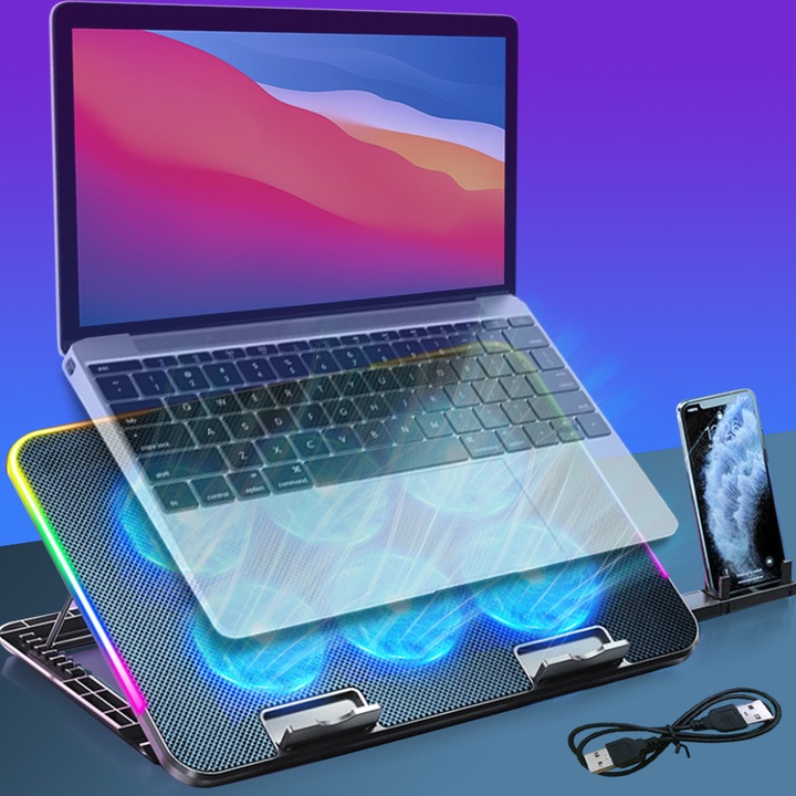 Professional RGB Gaming Laptop Cooler, Noonedibs, 8 setari de inaltime, racire puternica cu sase nuclee, debit de aer reglabil, compatibilitate puternica, design cu zgomot redus, cu suport detasabil pentru telefon, lumini RGB colorate, porturi USB, negru