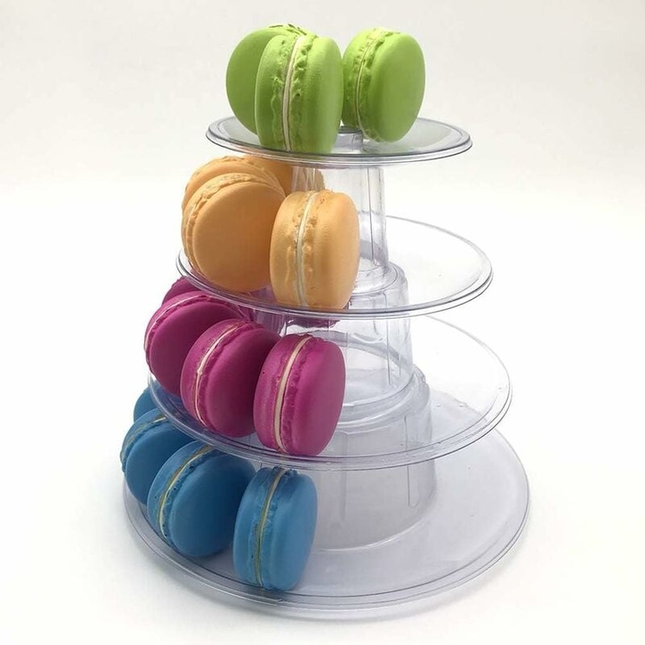 Átlátszó macaron tartó, AMRINUGL, élelmiszeripari PVC, sötét mahagóni színű, könnyen összeszerelhető
