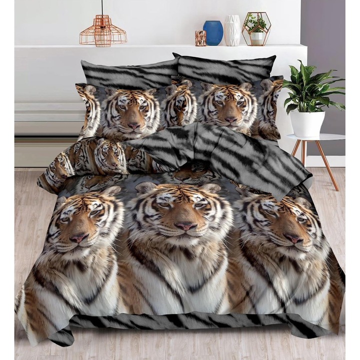 Set Lenjerie de pat CHIRASO, pentru 2 persoane, din FINET, 6 piese, Cearceaf cu elastic 180x200 cm, Cearceaf pilota 200x230 cm, 2 fete perna 70x70 cm, 2 fete perna 55x75 cm, cu imprimeu tigru, gri-maro