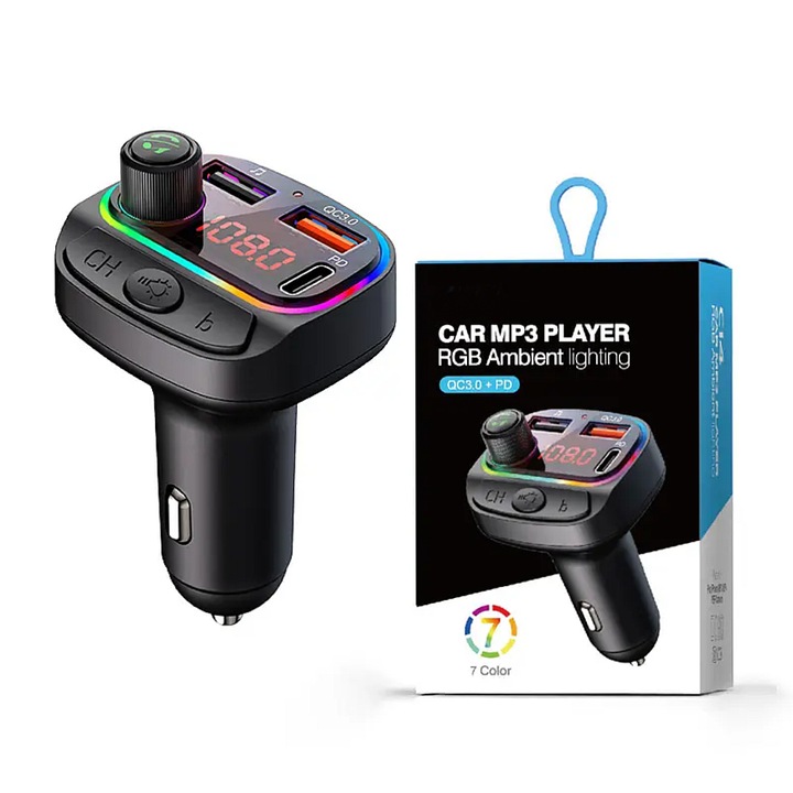 Transmitator FM Bluetooth 5.0, Incarcare Rapida 1 x USB 3.1A, 1 x USB-C, Iluminare RGB, 7 Culori, 12-24V, Microfon Incorporat, Afisaj LED, Negru