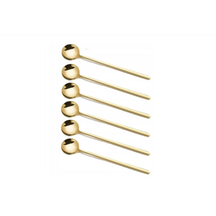 Комплект 6 лъжици за кафе, чай, десерт, Неръждаема стомана, Злато, 12.5 см