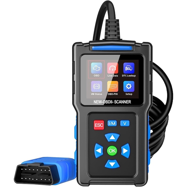 Több márkájú OBD II autódiagnosztikai teszter, GOSTOK®, Hibakódok olvasása/törlése, Univerzális, Élő adatok, I/M készenléti teszt, Lambdaszonda teszt, 2,4" HD színes képernyő, Kék/Fekete