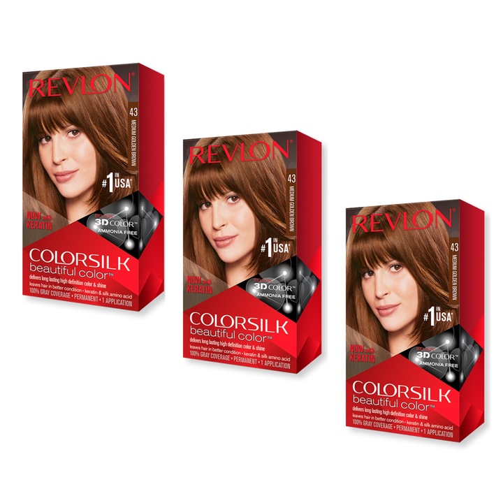 Pachet Revlon Vopsea Par Colorsilk 43 Medium Golden Brown, 3 bucati