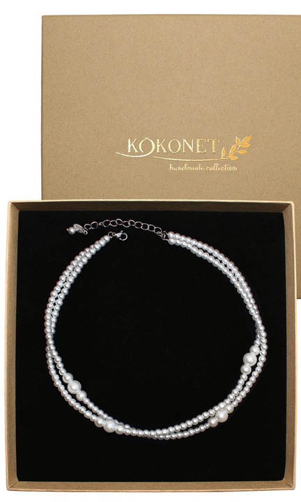 Сребърно колие чокър с перли, регулируемо, в кутия, елегантен подарък