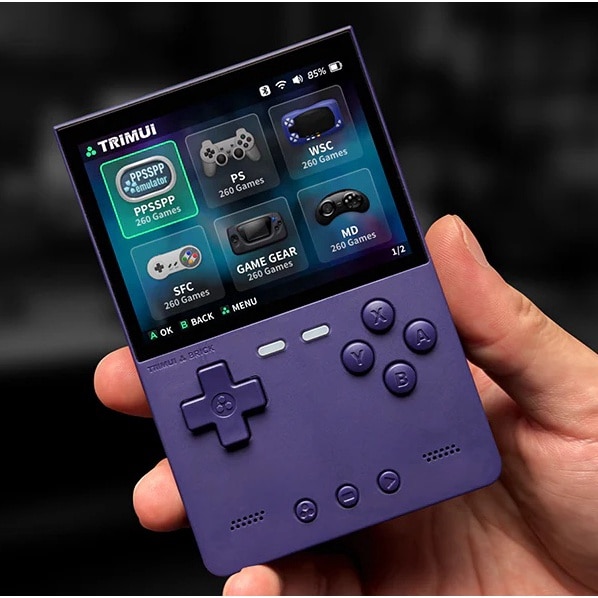 Consola retro TRIMUI Brick 64GB cu jocuri, quad core Cortex-A53 2.0GHz, 1GB RAM, IPS LCD 3.2" 1024x768 4:3, acumulator 3000 mAh, WiFi, Bluetooth, indigo, portabila