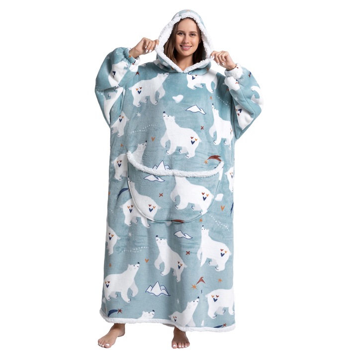 TillyBilly extra hosszú pulóver kapucnival, ujjakkal és zsebekkel, túlméretezett kapucnis pulcsi, ultra puha, könnyű és meleg polár polár női és férfi számára, JEGESMEDVE