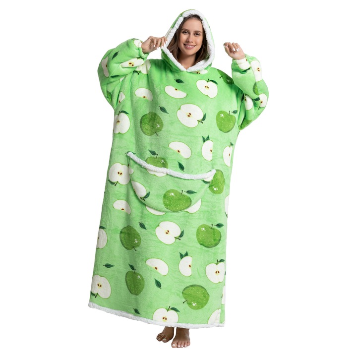 TillyBilly extra hosszú pulóver kapucnival, ujjakkal és zsebekkel, túlméretezett kapucnis pulcsi, ultra puha, könnyű és meleg polár női és férfi számára, GREEN APPLE