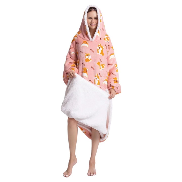 TillyBilly extra hosszú pulóver kapucnival, ujjakkal és zsebekkel, túlméretezett kapucnis pulcsi, ultra puha, könnyű és meleg polár női és férfi számára, CORGI