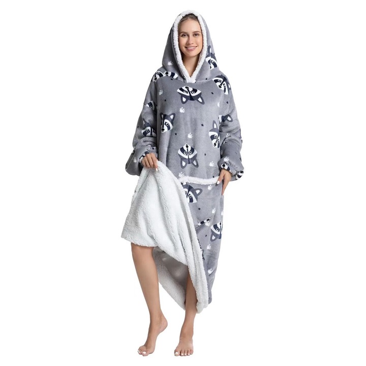 TillyBilly extra hosszú pulóver kapucnival, ujjakkal és zsebekkel, túlméretezett kapucnis pulcsi, ultra puha, könnyű és meleg polár női és férfi számára, RACCOON