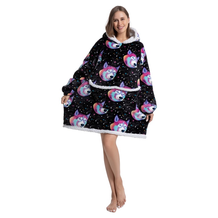 TillyBilly pulóver takaró ujjal, kapucnival és zsebekkel, kapucnis pulcsi, ultra puha, könnyű és meleg, sarki szőrös, FUNNY DOG modell