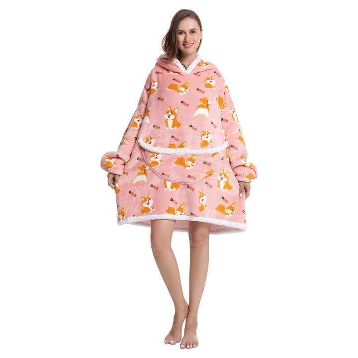 TillyBilly pulóver takaró ujjal, kapucnival és zsebekkel, kapucnis pulcsi, ultra puha, könnyű és meleg, sarki szőrös, CORGI modell