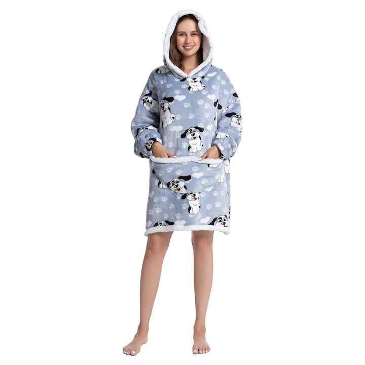 Patura hanorac TillyBilly cu maneci, gluga si buzunare, hoodie, ultra moale, usor si calduros, polar-blanita, model BIG EARS DOG