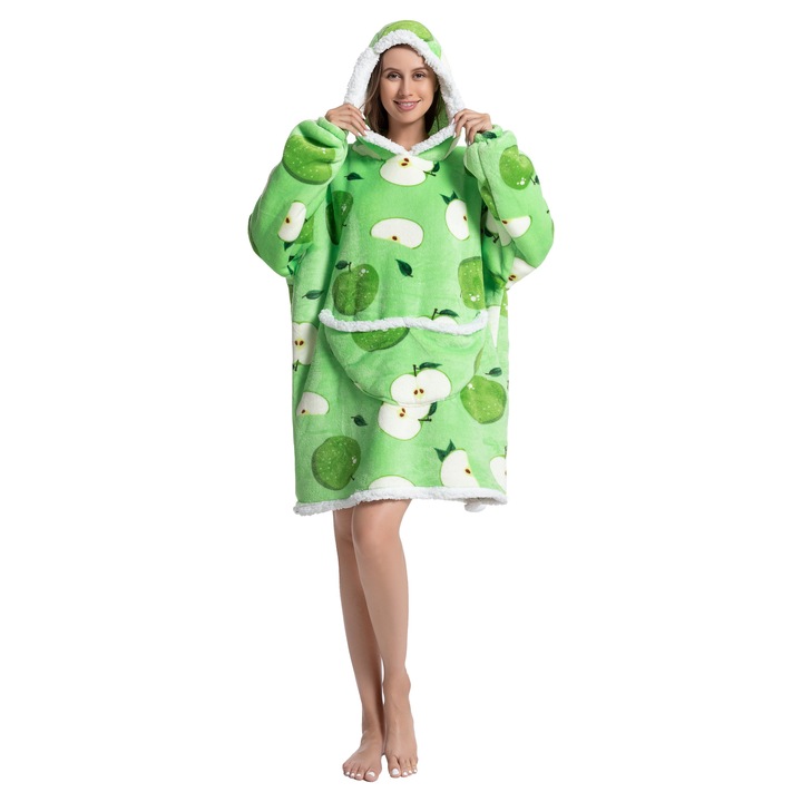 Patura hanorac TillyBilly cu maneci, gluga si buzunare, hoodie, ultra moale, usor si calduros, polar-blanita, model GREEN APPLE