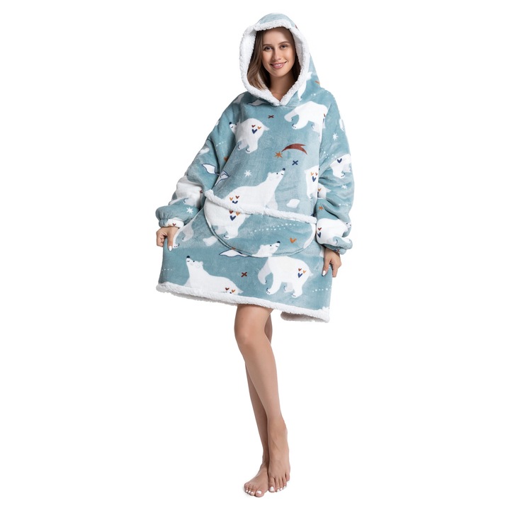 TillyBilly pulóver takaró ujjal, kapucnival és zsebekkel, kapucnis pulcsi, ultra puha, könnyű és meleg, sarki szőrös, JEGESMEDVE modell