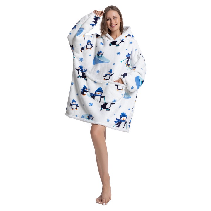 TillyBilly pulóver takaró ujjal, kapucnival és zsebekkel, kapucnis pulcsi, ultra puha, könnyű és meleg, sarki szőrös, PENGUIN modell