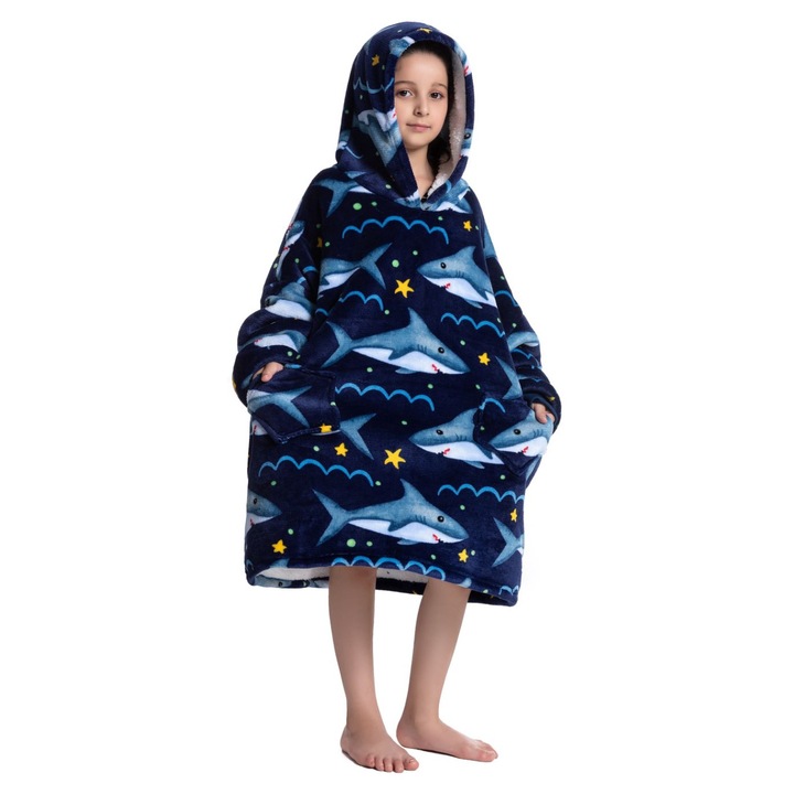 TillyBilly Junior pulóver ujjakkal, kapucnival és zsebekkel, kapucnis pulcsi, ultra puha, könnyű és meleg, sarki szőrös, NAVY SHARK modell