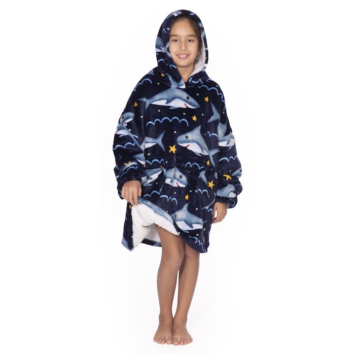 Patura hanorac TillyBilly Junior cu maneci, gluga si buzunare, hoodie, ultra moale, usor si calduros, polar-blanita, model NAVY SHARK