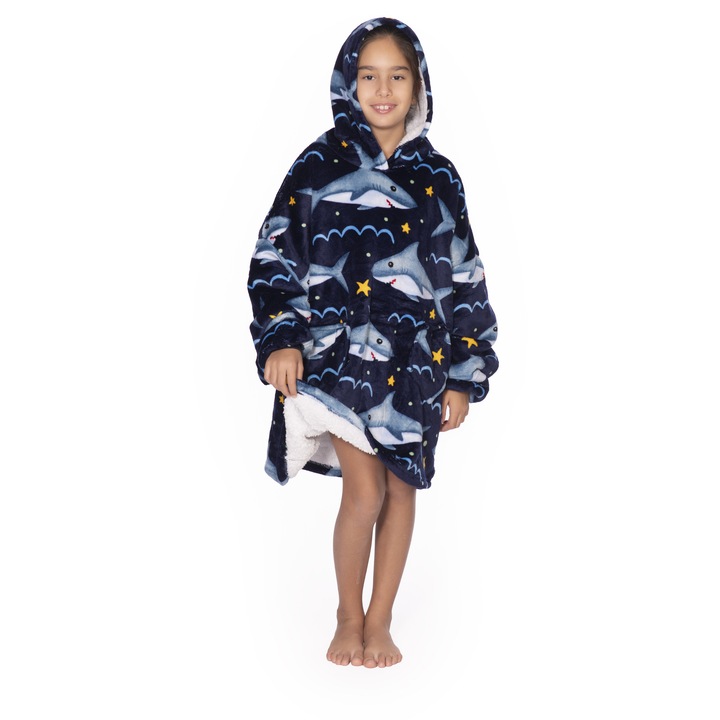 Суичър TillyBilly Junior с ръкави, качулка и джобове, суичър с качулка, ултра мек, лек и топъл, поларен космат, модел NAVY SHARK