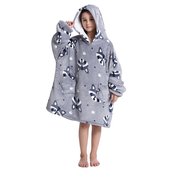 TillyBilly Junior pulóver takaró ujjal, kapucnival és zsebekkel, kapucnis pulcsi, ultra puha, könnyű és meleg, sarki szőrme, RACCOON modell