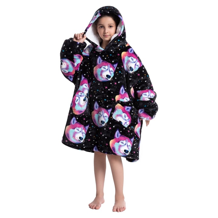 TillyBilly Junior pulóver takaró ujjakkal, kapucnival és zsebekkel, kapucnis pulcsi, ultra puha, könnyű és meleg, sarki szőrös, FUNNY DOG modell