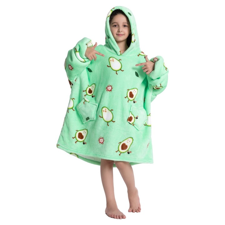 TillyBilly Junior pulóver takaró ujjal, kapucnival és zsebekkel, kapucnis pulcsi, ultra puha, könnyű és meleg, sarki szőrös, BOMB AVOCADO modell