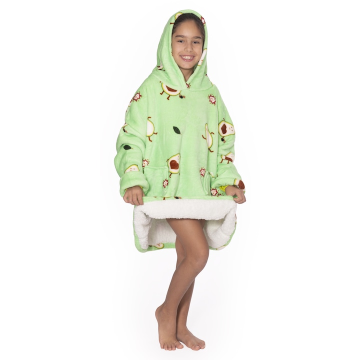 Patura hanorac TillyBilly Junior cu maneci, gluga si buzunare, hoodie, ultra moale, usor si calduros, polar-blanita, model BOMB AVOCADO