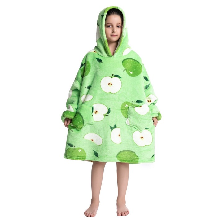 TillyBilly Junior pulóver ujjakkal, kapucnival és zsebekkel, kapucnis pulóver, ultra puha, könnyű és meleg, polár polár, GREEN APPLE modell