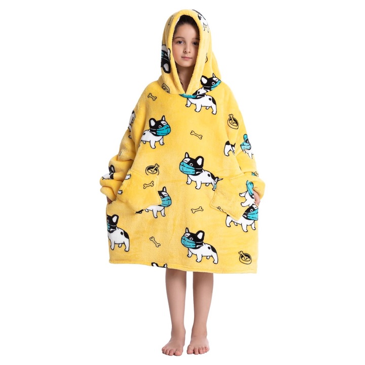 TillyBilly Junior pulóver takaró ujjakkal, kapucnival és zsebekkel, kapucnis pulcsi, ultra puha, könnyű és meleg, sarki szőrös, MASK DOG modell