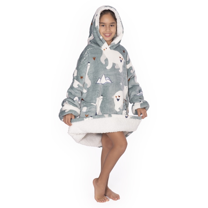 Patura hanorac TillyBilly Junior cu maneci, gluga si buzunare, hoodie, ultra moale, usor si calduros, polar-blanita, model POLAR BEAR