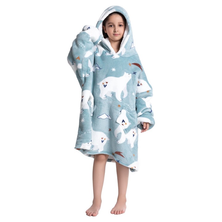 TillyBilly Junior pulóver takaró ujjal, kapucnival és zsebekkel, kapucnis pulcsi, ultra puha, könnyű és meleg, sarki szőrös, JEGESMEDVE modell