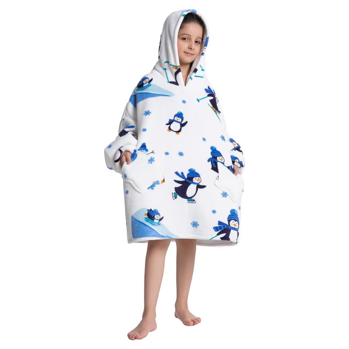 TillyBilly Junior pulóver ujjakkal, kapucnival és zsebekkel, kapucnis pulóver, ultra puha, könnyű és meleg, sarki szőrös, PENGUIN modell